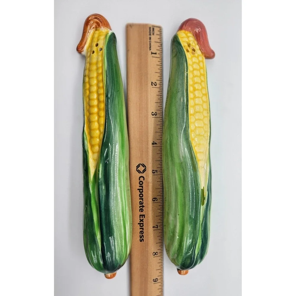 Vintage Ucagco Japan Ceramic Corn on the Cob Salt Pepper Shaker Set Green Yellow